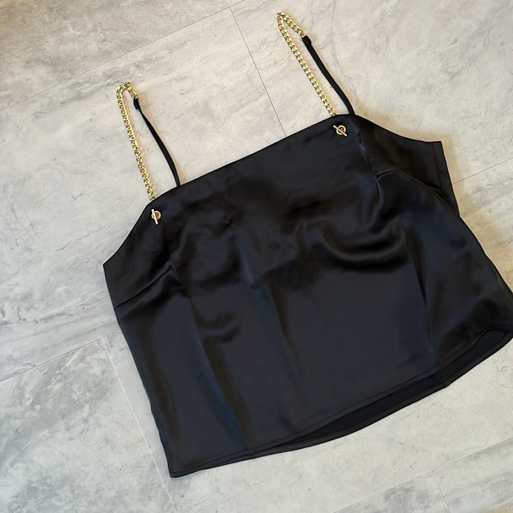 Forever 21   Tank top/front chain strap detail  black satin fabric/goldtone Sz M